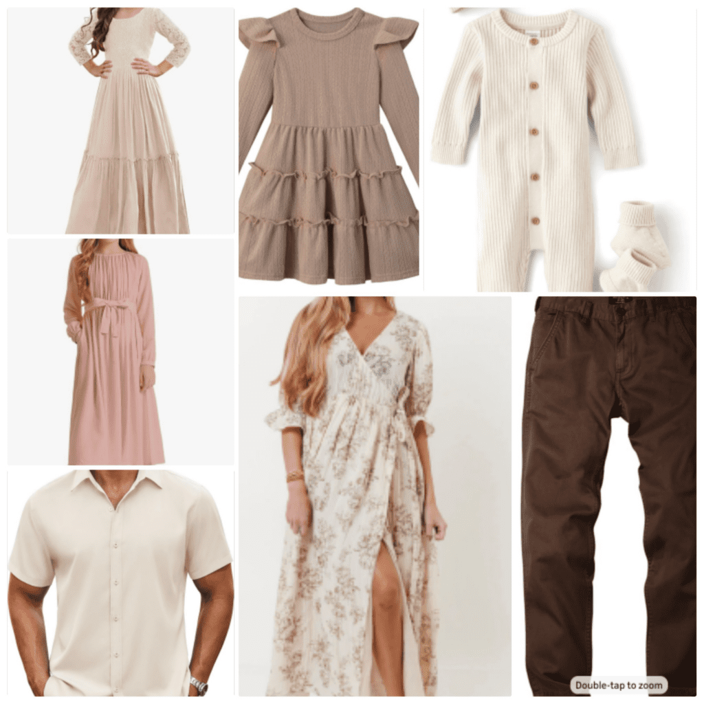 Outfit collage example with multiple neutral outfits for newborn photo session